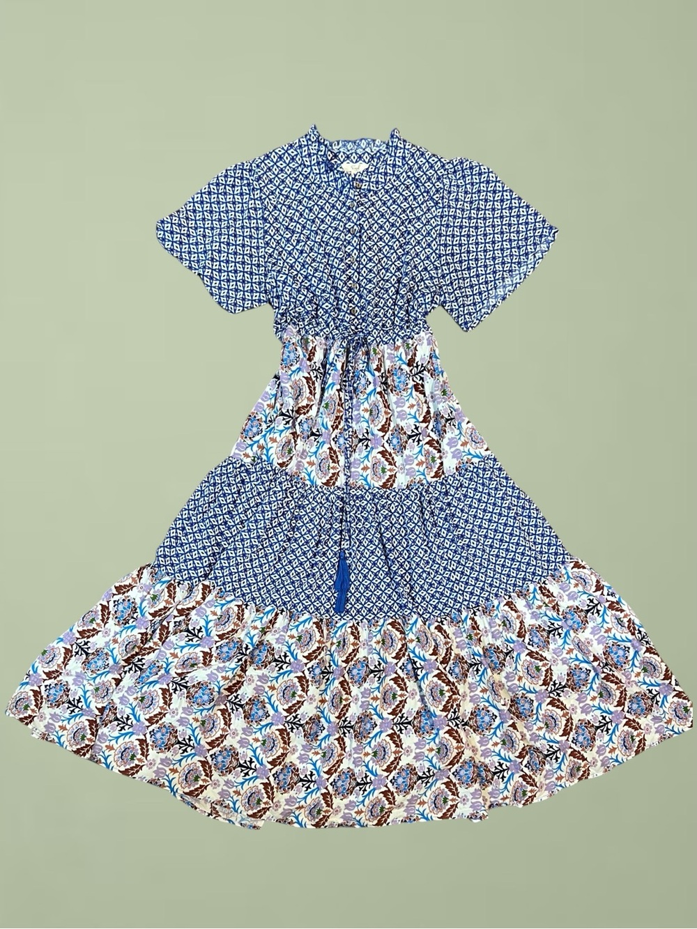 Easel Boho Geometric Floral Tiered Maxi Dress Sz Medium